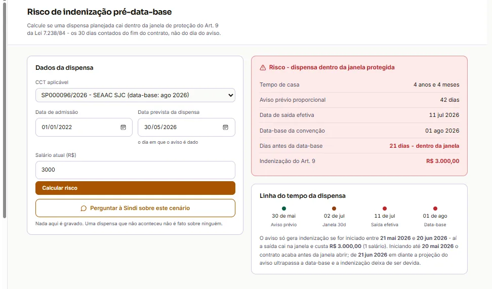 Tela do simulador de risco de indenização pré-data-base do Farol CCT